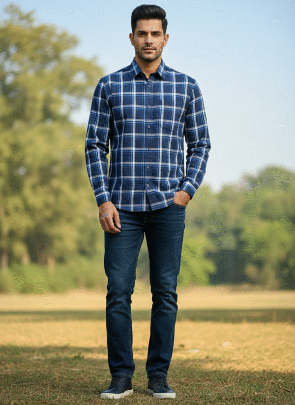 Dark Blue Checked Shirts Full Sleeve For Men